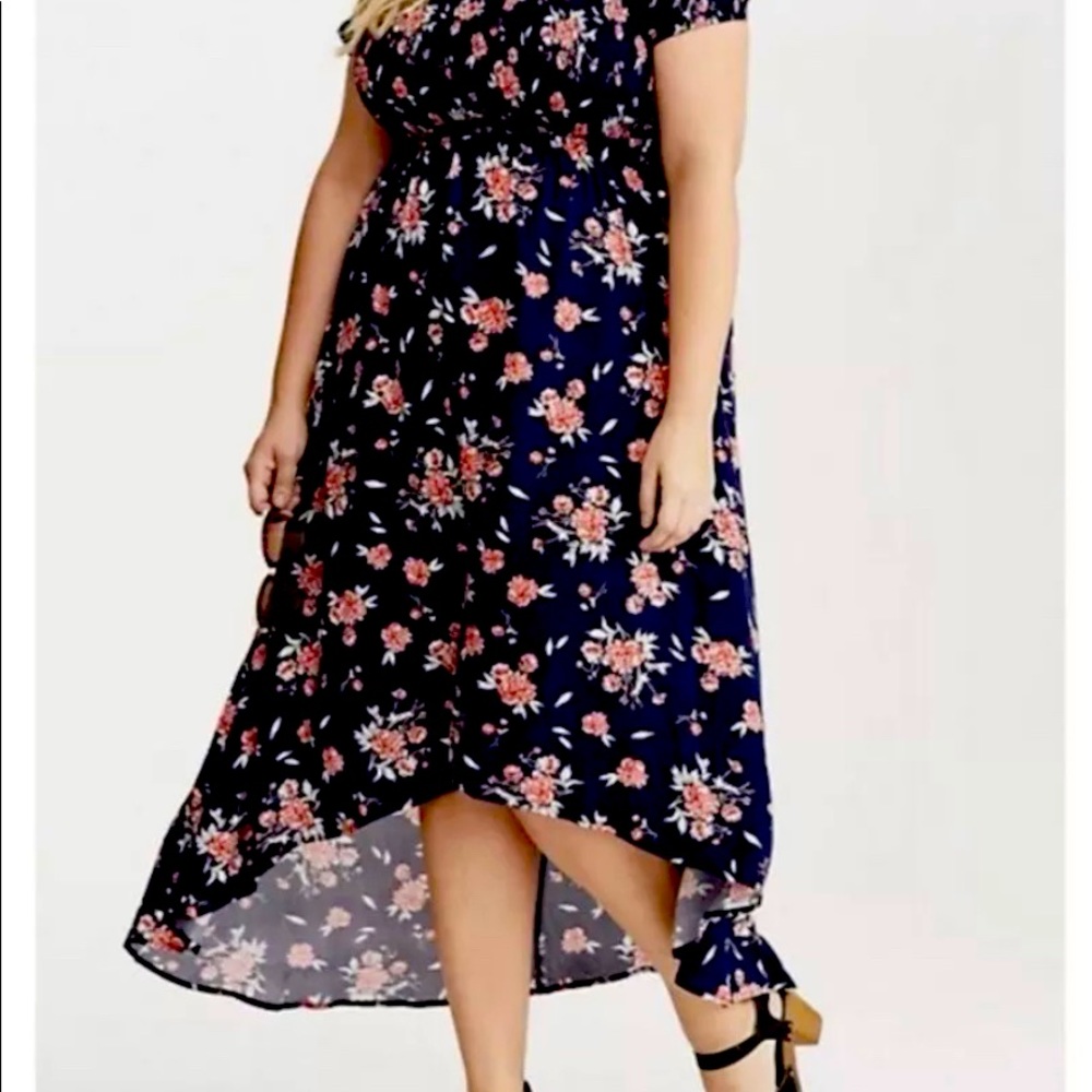 Torrid Floral off shoulder Smocked Hi-Lo Maxi Dress 3